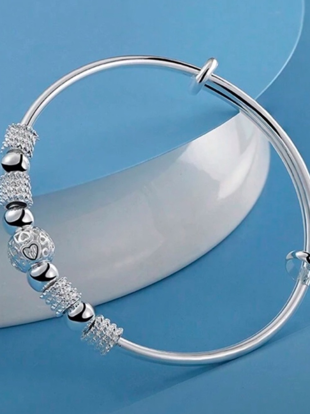 Silver Heart Accent Beaded Bangle Bracelet